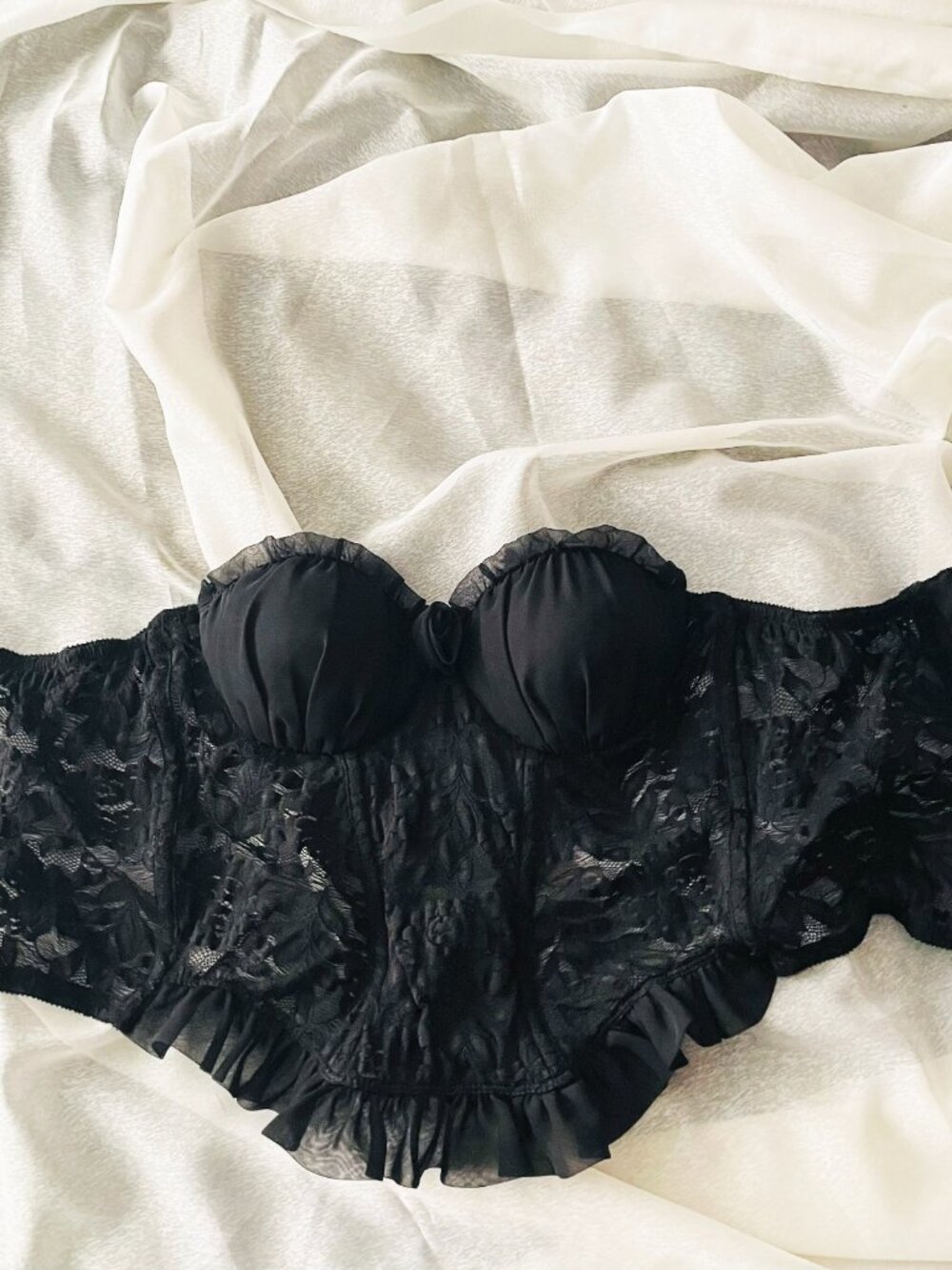 Rare: Vintage Christian Dior Black Lace + Chiffon Rose Detail Bustier - Size 34B - Picture 9 of 11